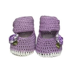 Handmade Crochet Baby Girl Booties Lavender Purple Flower Ribbon Mary Jane Shoes